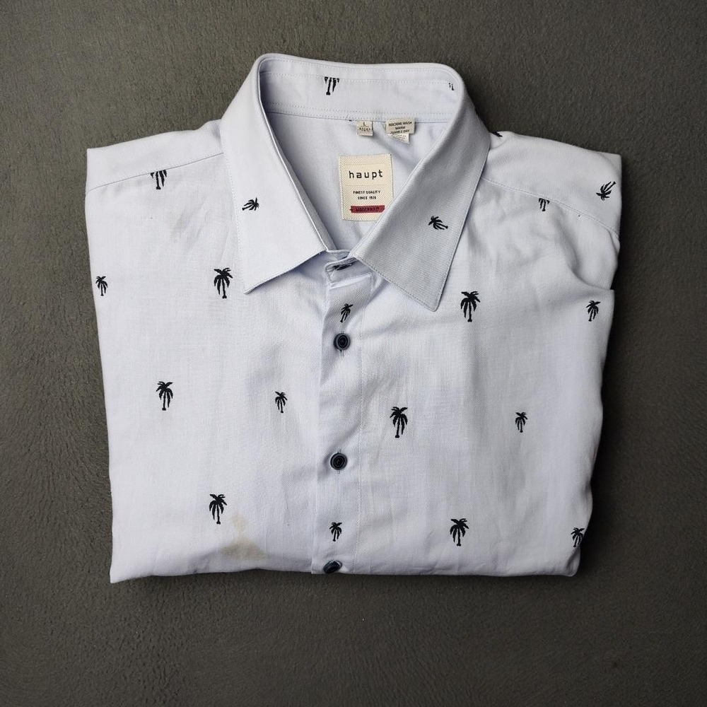 Haupt Shirt Mens Large Light Blue Modern Fit Palm Tree Embroidered Button Down